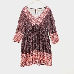 Altar'd State Burgundy and Blush Paisley V‑Neck Midi Dress